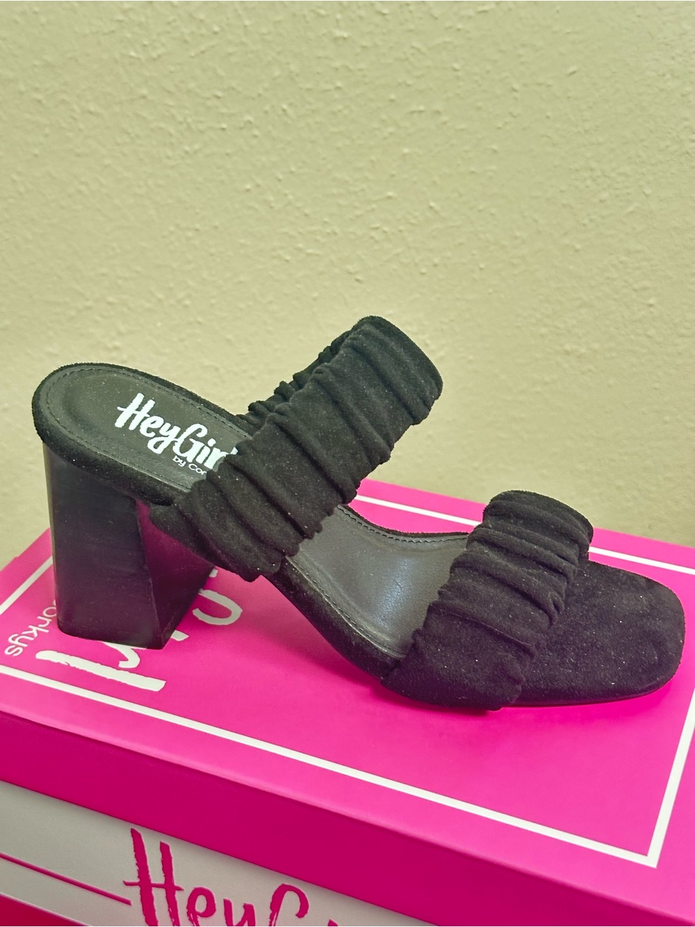 Corkys Black Ruched Double-Strap Block Heel Slide